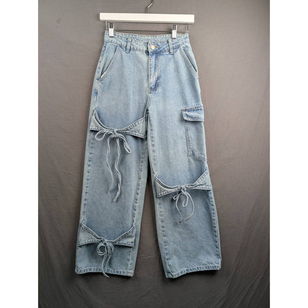 Cider Denim Blue Bow Detail Cargo Wide‎ Leg Jeans Size XXS